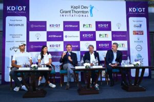 Pictured (L - R) on the press conference panel are: Leading Indian professionals Karan Pratap Singh (Defending Champion) & Tvesa Malik as well as Vishesh C Chandiok (CEO, Grant Thornton Bharat), Kapil Dev (PGTI President and Indian Cricket Legend), Amandeep Johl (CEO, PGTI)