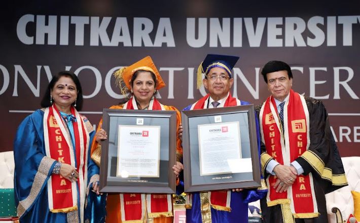 Dr Madhu Chitkara, Pro Chancellor, Chitkara University confers the honorary Doctor of Letters (Honoris Causa) upon Mr. Joy Alukkas, Chairman and Managing Director of Joyalukkas Group