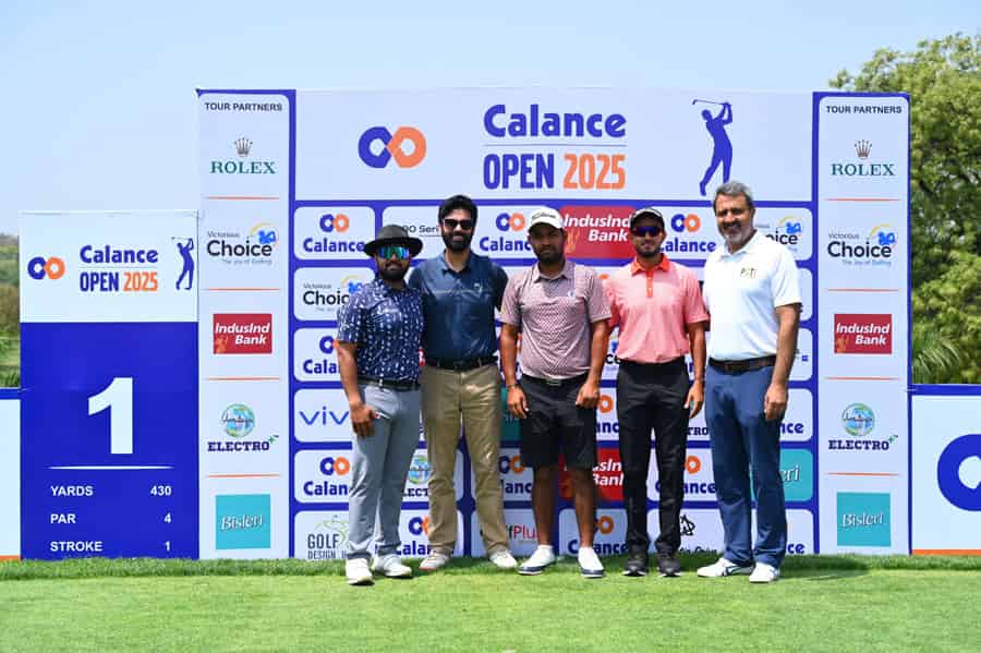 Mr. Rohan Govil, COO, Calance (2nd from left), Mr. Amandeep Johl, CEO, PGTI (extreme right), as well as leading Indian professional golfers Aman Raj (extreme left), Sachin Baisoya (centre) and Shaurya Bhattacharya (2nd from right), seen at the inauguration ceremony of the Calance Open 2025 at the Qutab Golf Course on Monday, April 14.