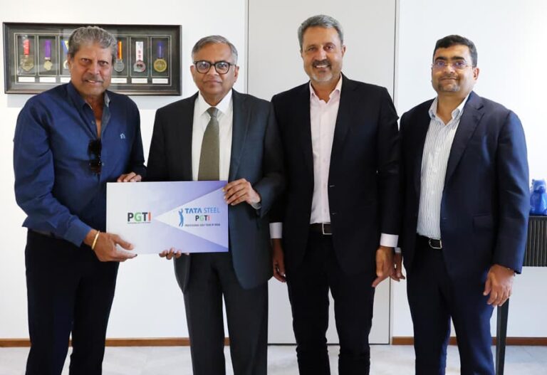 Mr. Kapil Dev, President, PGTI (extreme left) seen meeting Mr. N Chandrasekaran, Chairman, TATA Sons (2nd from left) at Bombay House in Mumbai on Tuesday. The other dignitaries seen in the picture are Mr. Amandeep Johl, CEO, PGTI (3rd from left) and Mr. Rahul Mehta, Owner, Victorious Choice (extreme right).