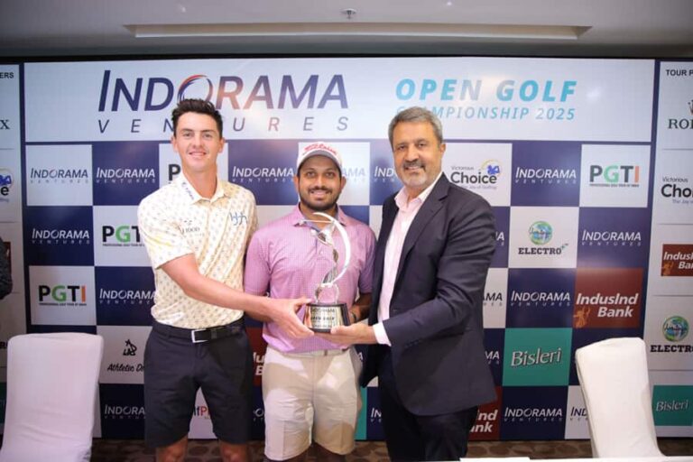 (L - R) Czech professional golfer Stepan Danek, leading Indian professional golfer Varun Parikh of Ahmedabad and Mr. Amandeep Johl, CEO, PGTI, pose with the trophy at the Press Conference of the Indorama Ventures Open Golf Championship 2025