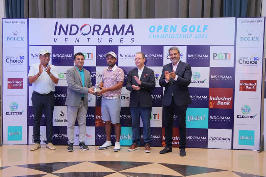 Champion Sachin Baisoya (centre) receives the trophy from Mr. Samir H Rawal, Vice President, Indorama Ventures (2nd from left). The other dignitaries seen in the picture are Mr. Farzan Heerjee, Golf Promoter (2nd from right), Mr. Devang Shah, MD, Navratna Group (extreme left) and Mr. Amandeep Johl, CEO, PGTI (extreme right).