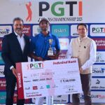 Champion Viraj Madappa (centre) receives the cheque and trophy from Mr. Amandeep Johl, CEO, PGTI (left) and Mr. Rishi Mattu, Head, Classic Golf & Country Club (right).