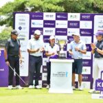 (L – R) Mr. Vinod Chandiok, PGTI President, tournament host and Indian cricket legend Mr. Kapil Dev, leading Indian professionals Gaganjeet Bhullar and Tvesa Malik, former Indian cricketer Mr. Ajit Agarkar and Grant Thornton Bharat CEO Mr. Vishesh C Chandiok, seen unveiling the trophy on Thursday