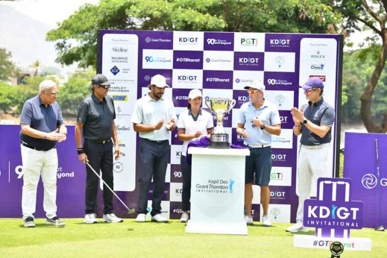 (L – R) Mr. Vinod Chandiok, PGTI President, tournament host and Indian cricket legend Mr. Kapil Dev, leading Indian professionals Gaganjeet Bhullar and Tvesa Malik, former Indian cricketer Mr. Ajit Agarkar and Grant Thornton Bharat CEO Mr. Vishesh C Chandiok, seen unveiling the trophy on Thursday