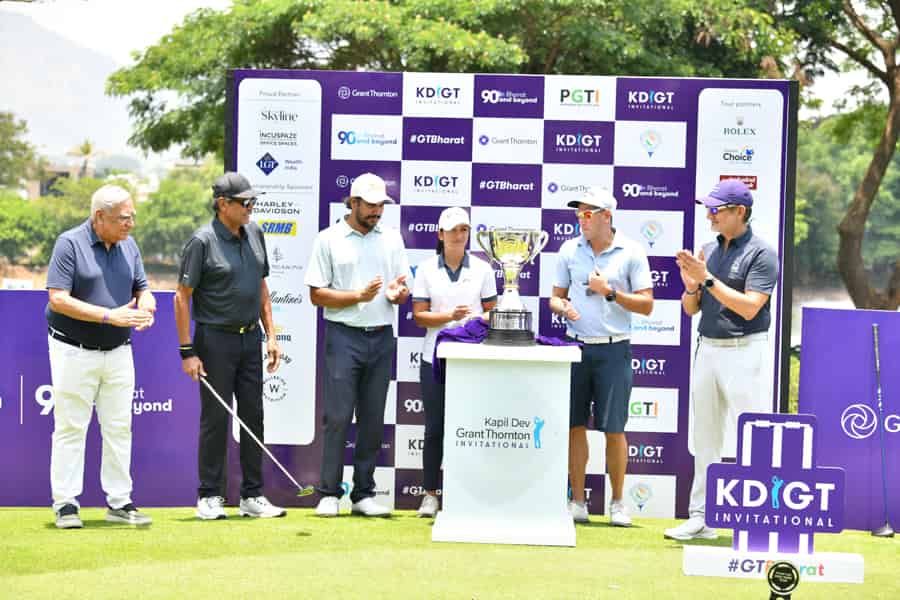 (L – R) Mr. Vinod Chandiok, PGTI President, tournament host and Indian cricket legend Mr. Kapil Dev, leading Indian professionals Gaganjeet Bhullar and Tvesa Malik, former Indian cricketer Mr. Ajit Agarkar and Grant Thornton Bharat CEO Mr. Vishesh C Chandiok, seen unveiling the trophy on Thursday
