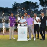 Champion Angad Cheema receives the trophy from Indian cricket legend Mr. Sunil Gavaskar and Mr. Vishesh C Chandiok, CEO, Grant Thornton Bharat. The other dignitaries seen in the picture are Mr. Kapil Dev, President, PGTI, former cricketer Harbhajan Singh, Mr. Amandeep Johl, CEO, PGTI (extreme right) and Mr. Brandon D’Souza, MD, Melange Management Solutions (extreme left).